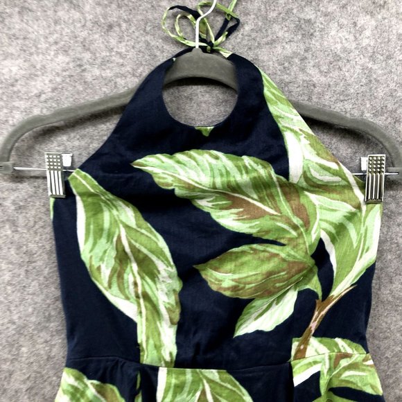 Ann Taylor Leaf Print Halter Dress Size 0 Fit Flare Pleated Blue Green Tropical - Picture 3 of 10